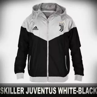 Jaket Hoodie Skiller Juventus Juve Taslan Hitam Putih Waterproof Windbreaker Jumbo Big Size XXL