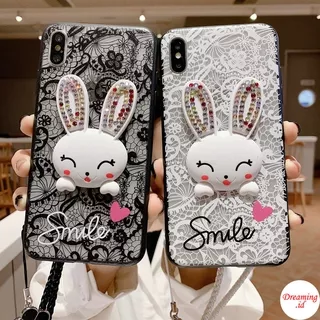 Case Samsung Galaxy M51 M31 M30S M21 M11 A21S A11 A51 A71 4G A10S A20S A30S A50S A10 A20 A30 A50 A70 A7 2018 J2 J7 Prime Hard Phone Case Motif Rabbit Socket White and Black Lace Protective Case with Lanyard