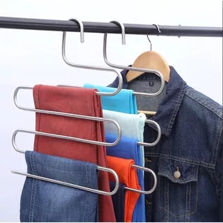 Gantungan Baju Jilbab Scarf  Handuk Celana Jeans Clothes Hanger Hotel Boutique 5 Layer S Shaped Anti Slip Hemat Ruangan Space Saver Lemari Baju Material Aluminum Alloy  Kokoh 100% Anti Karat Coating Gold dan Silver