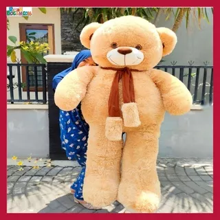 Kado Ulang Tahun Anniversary Paernikahan Sahabat Pacar Remaja Anak Perempuan Cewek Putri Boneka Jumbo Besar Teddy Bear Beruang Syal Telapak Caramel 1,5 Meter SPJ Bungkus Kado