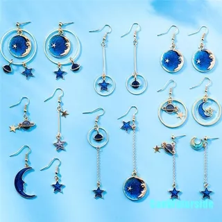 [gGAOW] Blue Star Moon Long Drop Dangle Earrings Women Planet Ear Stud Earrings Jewelry IEE