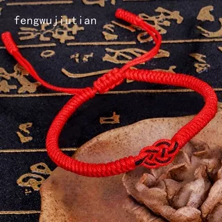 Fengwujiutian Gelang Tangan Tali Merah Adjustable Motif Simpul Tali Aksen Berlian Untuk Pasangan / Pria / Wanita