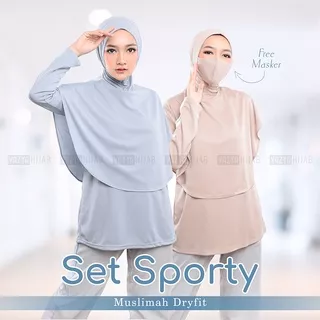 One Set Sporty Muslimah Dryfit (Baju + Hijab + Free Masker) Original Produk