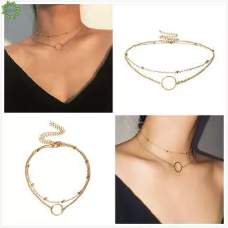 Qipin Kalung Rantai Choker 2 Layer Charm Ring Hollow Geometri untuk Wanita