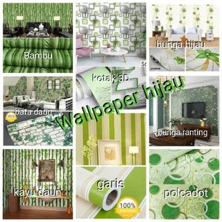 Grosir wallpaper dinding nuansa hijau motif bambu ,bunga,garis,hijau,polos