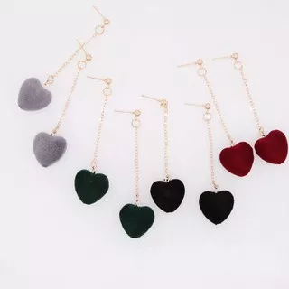 Anting Velvet Love Heart Long Tassel Earring - Abu-abu Muda