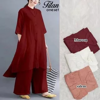 Titan One Set / Setelan Muslim Wanita Terbaru 2021 / Set Tunik+Kulot Bahan Katun Linen / OOTD Muslim