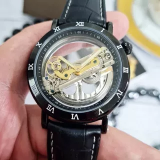 (COD) Jam Tangan Pria Cowok Original FORSINING Lucid Black Hitam Automatic Otomatis Ori Tali Kulit Leather Tembus Pandang Transparant Unik