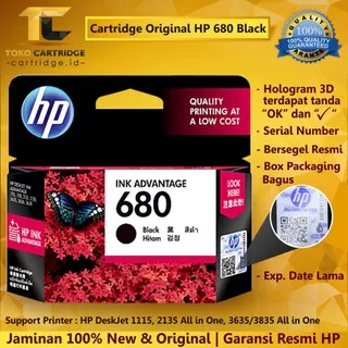 Ink cartridge HP 680 Black Original Catridge F6V27AA Katrid Tinta Printer 2138 3636 3638 4678 1118