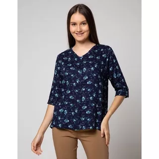 Matahari - St. Yves Long Sleeve Blouse Top Rayon Twill Print Petit Flower Ruffle Neck