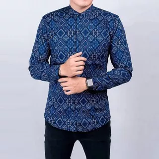 Kemeja Batik Biru Songket Lengan Panjang Diamond Best Seller Pria Casual Seragam Kondangan IF7