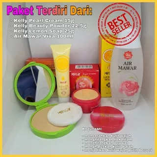 BEST SELLER - Paket 3 IN 1 Kelly Kosmetik Plus Air Mawar - Cream 15gr - Bedak 22,5 Gr - Lemon 25 gr