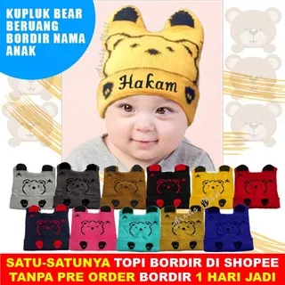 Kupluk Bayi Bear Topi Kupluk Rajut Motif Beruang Bordir Nama Anak