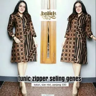 Dress batik zipper (tunik zipper) motif Seling genes Kawung parang Murah Ukuran M L XL