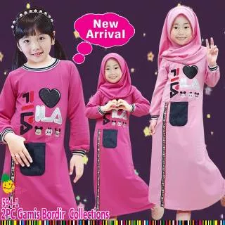 LITTLE PINEAPPLE GAMIS MUSLIM KAOS ANAK CEWEK PEREMPUAN FASHION SYARI BRANDED FILA BORDIR KEKINIAN