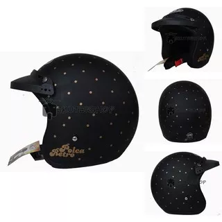 Helm Bogo Retro JPN Klasik Motif Polkadot Polca Retro Hitam Doff Gold + Topi Pet Pendek Lucu Cute