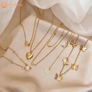 6 Pcs/set Simple Gold Necklace Set Butterfly Heart Pearl Choker Chain For Women Fashion Jewelry Accessories