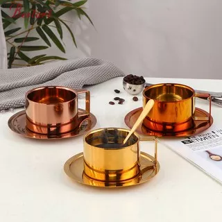 Cangkir Kopi Espresso Cappuccino dan Teh 1 Set Cangkir Piring dan Sendok Teh Stainless Steel 304 Anti Karat Food Grade Design Mewah Classic Style Tea Coffee Cup Spoon Saucer Warna Polished Gold dan Elegant Rose Gold Nyaman Di Genggam Kapasitas 200ML