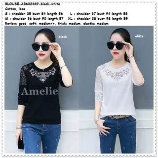 Baju Atasan Bordir Net Blouse Pakaian Wanita Korea Import AB632469 Black White Hitam Putih