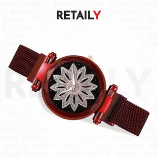 Retaily J158 Jam Tangan Perempuan Motif Bunga Glitter Rantai Magnet Woman Flower Watch Fashion Murah