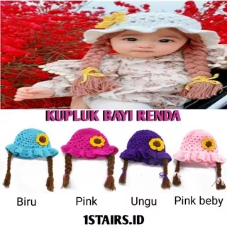 Topi Anak Rajut Kumpluk Renda Bayi Kepang Rambut Motif Bunga Dan Pita Baby Hat Wig /Topi Bayi /Topi Rajut Anak Lucu