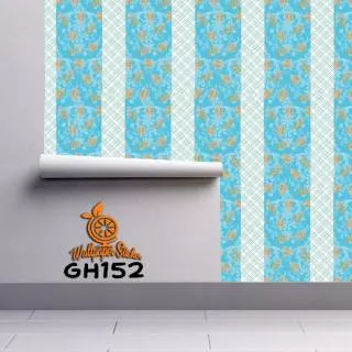 Grosir Murah Wallpaper Sticker Dinding Warna dasar Biru Muda Motif Daun Coklat dan garis silang