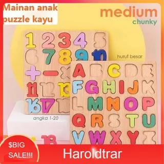 Puzzle ABC And Number Chunky / Mainan Edukasi Anak Puzzle Kayu Abjad Alphabet Huruf Besar Kapital ABC Wooden New