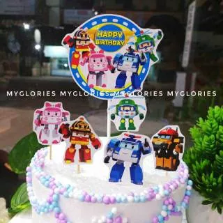 Paket Hiasan Kue ROBOCAR POLI Birthday Topper Cake / Dekorasi Roti Ulang Tahun / Donat / Cupcake