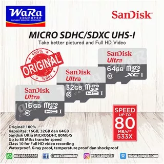 MICROSD SANDISK ULTRA 16GB, 32GB, 64GB CLASS 10 SPEED 80Mbps [NA]