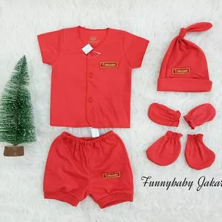 Set baju bayi merah newborn tangan pendek / set baju bayi 1 bulan / baju bayi merah