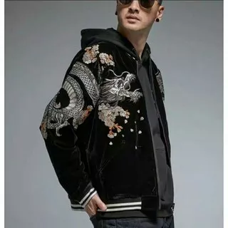 Jacket Sukajan Sweater bordir Jepang Harajuku Dragon velvet Jaket yokosuka Sweter javanes Naga api