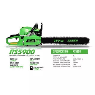 Mesin Gergaji Kayu Chain Saw RYU RS5900 22 / Gergaji Mesin Kayu