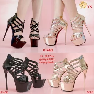 YKshoes 1682 heels 17cm black gold strappy heels sepatu hak tali glossy angkle semi boots sepatu import heels sepatu hak tinggi sepatu hitam sepatu gold stiletto high heels highheels import gudang