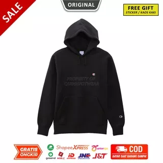 Hoodie Champion Original Logo Black Sweater Basic Pullover Hitam Polos Unisex