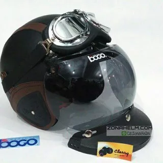 Helm Retro Bogo Kulit Dewasa SNI Hitam Garis Coklat Fullset Komplit Goggle Chrome Path Bogo