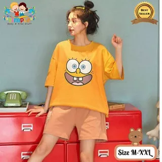 Piyama Wanita/Setelan Baju Tidur Import Remaja-Dewasa Pendek Spongebob Kuning Size M-XXL