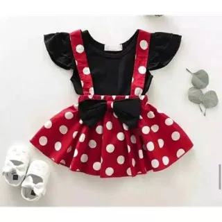 Dress Anak Perempuan Minnie Mickey Polkadot Hitam Merah Impor Premium Lengan Pendek Pita Katun