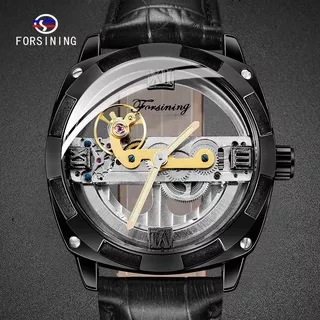 Jam Tangan Forsining Transparan Mekanik Automatic Luxury All Black Tali Kulit