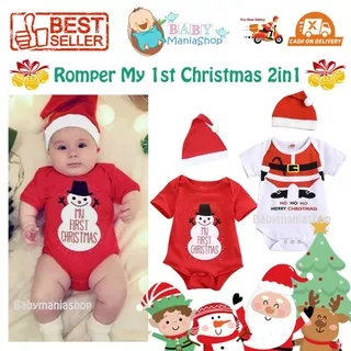 Jumper My First Christmas 2in1 HoHoHo Merry Christmas Ho Ho Ho Natal Romper set Hat 2in1 Baju Bayi Natal Santa Boneka Salju Santa`s Little Helper Christmas Jumper Jumpsuit Santa Panjang Pajamas Babymaniashopid