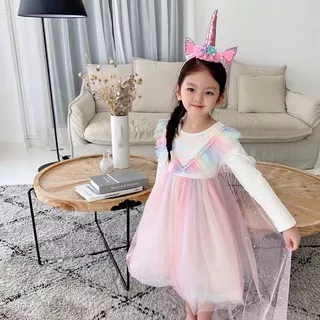 CIKO - White Rainbow with Cape (Tidak termasuk Unicorn bando) | dress anak perempuan | dress anak import | baju anak import | tutu dress anak | dress premium