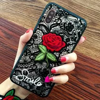Case Apple iPhone 5 5s SE 6 6s 7 8 Plus X Relief 3D Motif Bunga Mawar Merah Rose Flower Casing