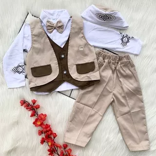 baju koko anak baby boy baju muslim lebaran anak 1set baju rompi tuxedo celana peci dasi bahan katun lembut good quality nyaman -kok