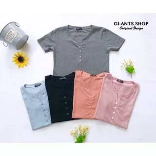 BSF V Kancing PE Rayon Baju Atasan Cewek Kaos Wanita Lengan Pendek Woman Top O-Neck Tee Shortsleeve T-Shirt Pakaian Perempuan Santai Kekinian Kerah Bulat Murah Casual Girl Fashion Premium ACE