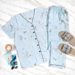 SLEEPCODE - Baby Dino Blue Piyama Baju Tidur Wanita Daster Organic Bamboo