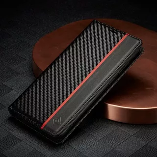 Flip Case Dompet Kulit Magnetik Carbon Fiber Hitam Cover Samsung Galaxy S22 S21 S20 FE S10 S9 S8 Plus Note 20 Ultra A52