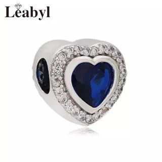 Leabyl Classic Dark Blue Crystal Heart Charm fit Bracelet Bangle Full of White Crystal Love Beads for DIY Jewelry Accessories