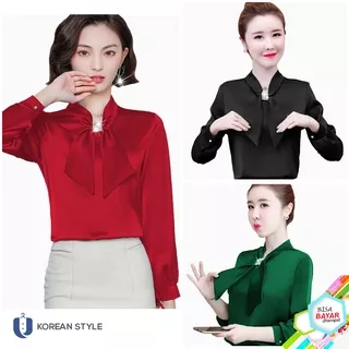Blouse Korea Kerja Wanita Lengan Panjang Velvet Polos Variasi Pita All Size - 8FA Delina