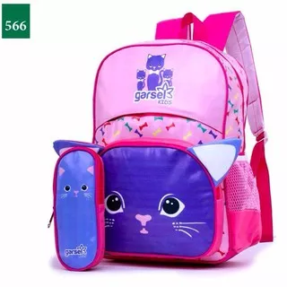 Tas Ransel Anak Sekolah TK Perempuan Backpack SD Cewek Kucing Pink Set Free Tempat Pensil 2in1