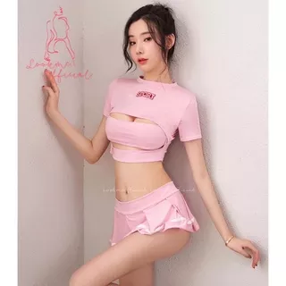 Set Susi setelan dua potong baju + rok mini sport wanita baju tidur dada terbuka seksi lingerie pelajar olahraga gym yoga training set kostum baju tidur peran murid sekolah jepang Cosplayer japanese student babydoll lingeri atlet pink baju dinas malam