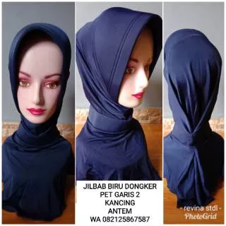 Jilbab biru dongker garis 2 model kancing